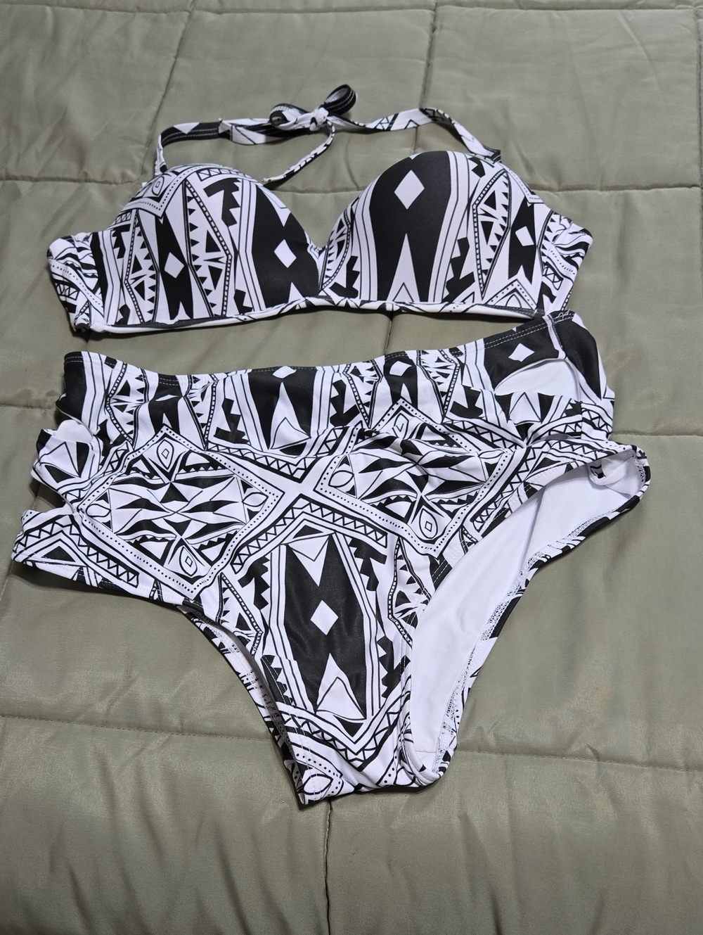 Never Worn Black and White Aztec High-Waist Bikini Set
